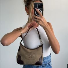 Prada Mini Jacquard Hobo Bag Purchased From Shopthing But Wanted It A Smidge Bigger. Shoulder Bag Fits Phone And Is Super Cute! 8.5/10 Condition With Some Minor Scuff On Leather On Back. Inside Is Excellent Condition! Canvas And Leather. Please Note It’s Vintage Not Brand New. Has Certificate Of Entrupy/Authenticity. Prada Small Leather Handbag, Prada Brown Bag, Vintage Prada Bag, Brown Prada Handbag, Vintage Prada Shoulder Bag, Prada Brushed Leather Shoulder Bag, Prada Mini, Prada Bag, Hobo Bag