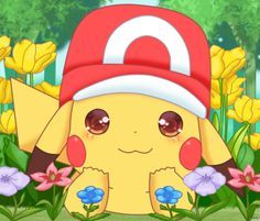 the pikachu is wearing a red hat and standing in front of some flowers