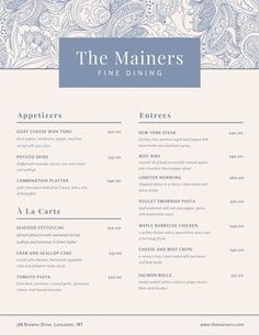 the mariners fine dining menu is shown in blue and white, with paisley designs on it