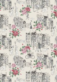 a floral wallpaper with dogs and roses on the side of buildings in grey, pink and white