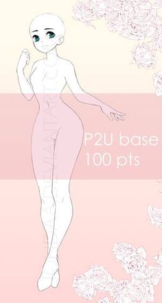 a drawing of a woman in pink with roses on the side and text that reads p2u base 100 pots