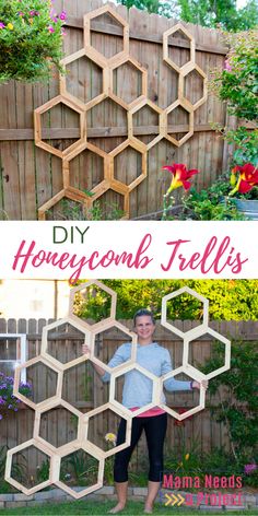 a woman standing in front of a fence made out of hexagonals and flowers