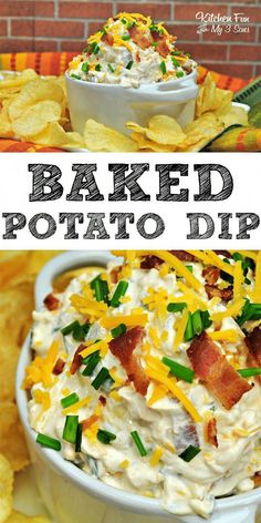 baked potato dip with bacon and cheese in a white bowl