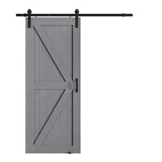 an open gray barn door with black hardware on the top and bottom, against a white background