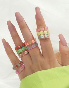 Cute and colourful rings Diameter: 2cm Fruit Resin, Y2k Rings, Frog Jewelry, Acrylic Ring, Y2k Jewelry, Transparent Resin, Summer Yellow, Kawaii Accessories, Pattern Ring