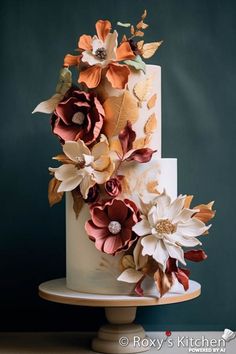 a three tiered cake with flowers on top