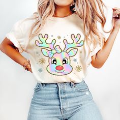 Sparkly Christmas Tshirts, Christmas Reindeer Shirt, Iridescent Christmas, Christmas Unicorn Svg, Dancer Reindeer Shirt, Girly Christmas, Coquette Christmas, Colorful Glitter, Png Coquette