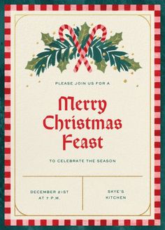 a merry christmas feast flyer with holly and candy canes on red and white checkered paper