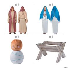 four different pictures of people dressed as jesus and mary, including one with a baby