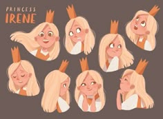 a cartoon girl with blonde hair and various facial expressions, including the crown on her head