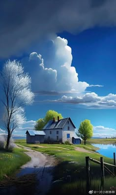 a painting of a house by the water with trees and clouds in the sky above it