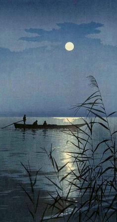 two people in a small boat on the water at night with the moon rising over the horizon