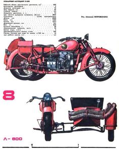 an old motorcycle is shown in red and black