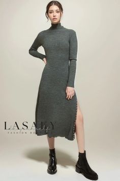 Lasaky - Cashmere Midi Dress with High Neckline, Slit Detail and Long Sleeves Knitwear Collection, High Neck Midi Dress, French Elegance, Fitted Sleeves, Black Dresses Casual, High Neckline, Knit Dress, Fit And Flare, Mock Neck