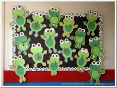 a bulletin board with green frogs on it