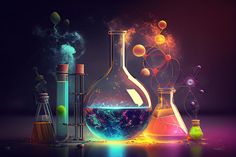 an assortment of colorful flasks and beakles filled with colored liquid on a dark background