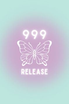 a white butterfly with the words 999 release on it's back side, against a pastel background