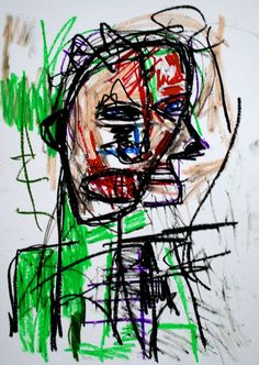 a drawing with green, red and black lines on it's face in front of a white wall