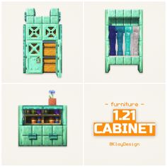 four different types of furniture and cabinets in pixel art style with text overlaying the image