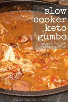 slow cooker keto gumbo recipe in a skillet with text overlay