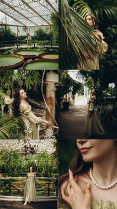 a woman in a green dress and pearls is posing for the camera while surrounded by greenery