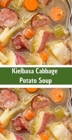 two pictures of kielbasa cabbage and potato soup