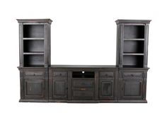 an old fashioned entertainment center with two doors and drawers on one side, in dark wood