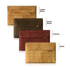 four different types of wallets with labels on them