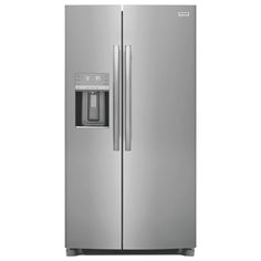 a stainless steel refrigerator freezer with water dispenser and ice maker on the door