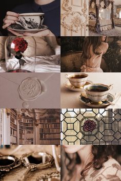 a collage of photos with coffee cups and roses in them, including teacups