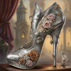 Create Something Amazing - NightCafe Creator Fantasy High Heels, Fancy Steampunk, Modern Metal Wall Art, Fairy Shoes, Cinderella Shoes, Shoe Art, Aluminum Prints, Fashion High Heels, Steampunk Fashion