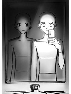 a drawing of two people standing in front of a mirror looking at their cell phones