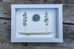 a rock and some plants in a white frame on a wooden table with wood planks