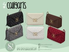 four different styles of purses with the words collisors on them in black, white and red