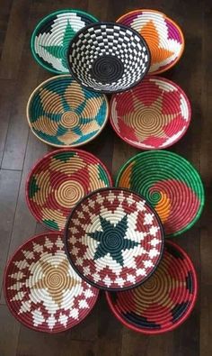 colorful baskets are arranged on the floor