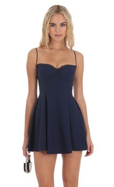 Back Lace A-Line Dress in Navy Cute Short A Line Dresses, Pretty Dark Blue Dresses Short, Formal Navy Blue Dress Short, Dark Blue Hoco Dress Mini, Simple Blue Dresses Short, Dark Blue Small Dress, Dark Blue Mini Dress Hoco, Blue Dress Short Hoco, Pretty Navy Blue Dresses Short