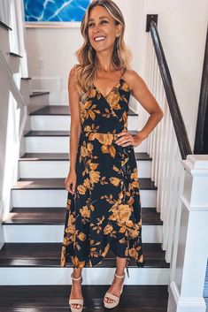 Floral Wrap Maxi Dress | Sophie & Trey Fall A-line Maxi Dress For Brunch, Chic Fitted Midi-length Floral Dress, Flowy A-line Dress For Brunch, Flowy A-line Brunch Dress, Fitted Long Sundress For Day Out, Chic V-neck Floral Dress For Date Night, Floral Midi Sundress For Date Night, Chic Flowy Floral Dress For Brunch, Fitted Long Sundress For Brunch