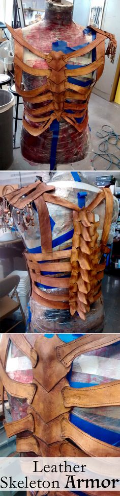 two pictures show the back and sides of a wooden sculpture with leather straps on it