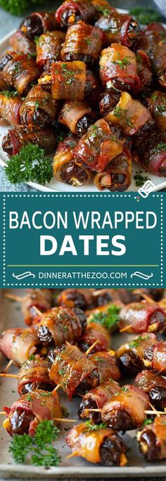 bacon wrapped dates on a platter with parsley in the background and text overlay