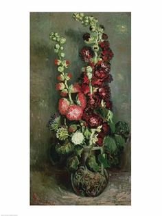 a painting of red and white flowers in a vase