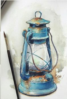 a watercolor painting of a blue lantern with a light on it next to a brush