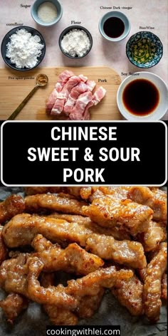 chinese sweet and sour pork is shown with ingredients to make it look like they have been cooked