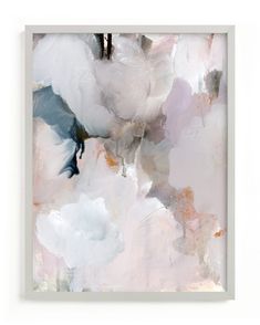 an abstract painting with white and pink flowers on it's side, framed in a white frame