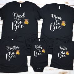 three black shirts with the words, mom to be and baby to bee