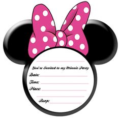 a minnie mouse party card with a red bow on it