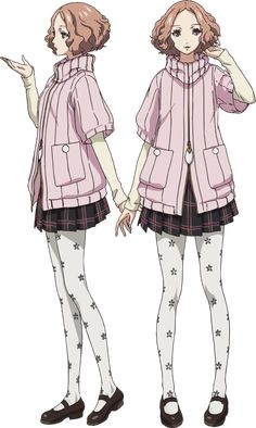 an anime character with short hair wearing tights and pink jacket, standing next to another character