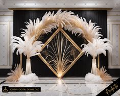 an art deco display with white feathers and gold accents on a marble floor in front of a black wall