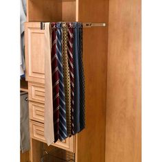 an organized closet with ties hanging from it