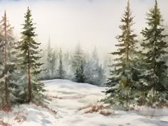 a painting of snow covered trees in the woods