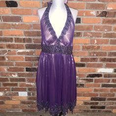 Adrianna Papell Evening Purple Silk Beaded Halter Dress Size 10 Side Zip 15" Pit To Pit 42" Length From Neck To Hem Used One Hanger Strap Broken Excellent Condition Adrianna Papell Dresses, Purple Silk, Adrianna Papell, Side Zip, Halter Dress, Size 10, Silk, Womens Dresses, Purple